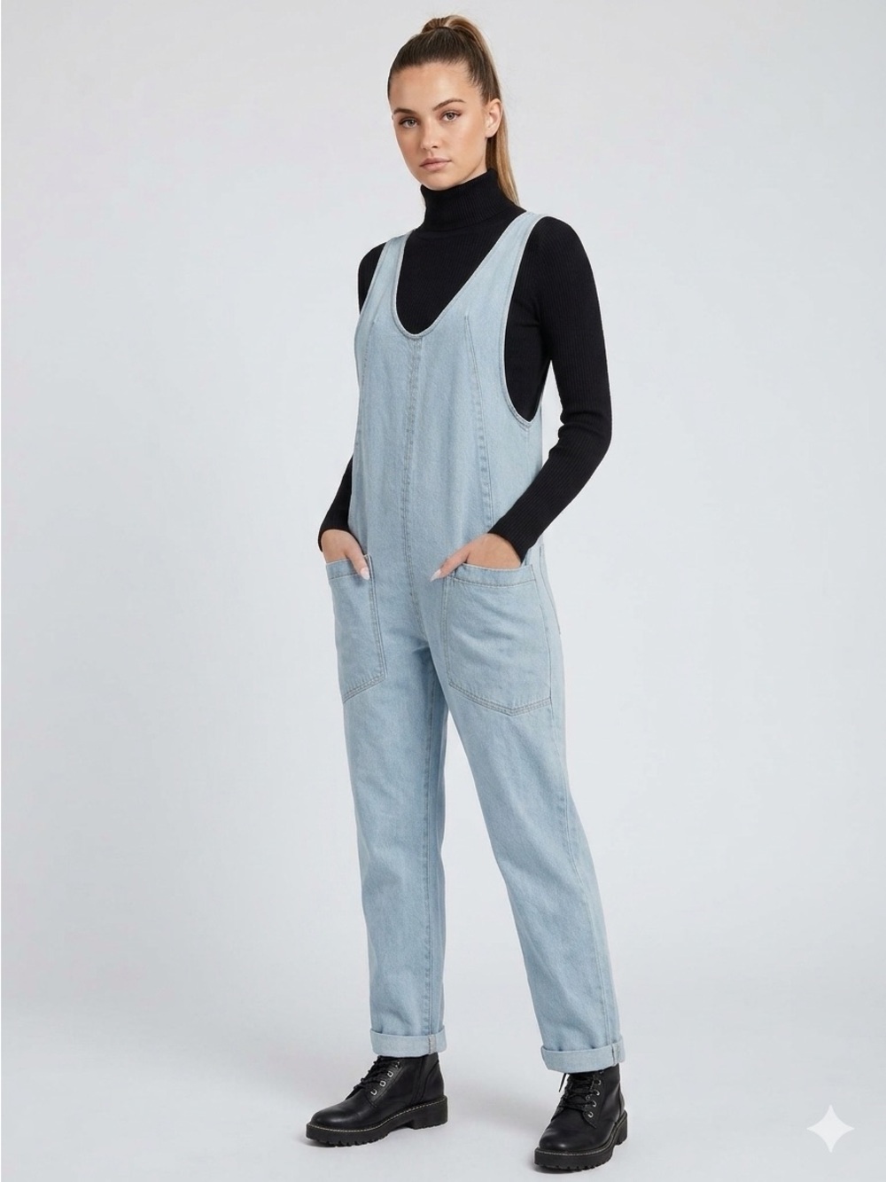 Bibi Light Wash Denim Overalls with Front Pockets & low back- size Medium NWT